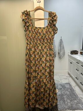 Lush A-lined Floral Smocked Maxi Dress in Mustard & Green
